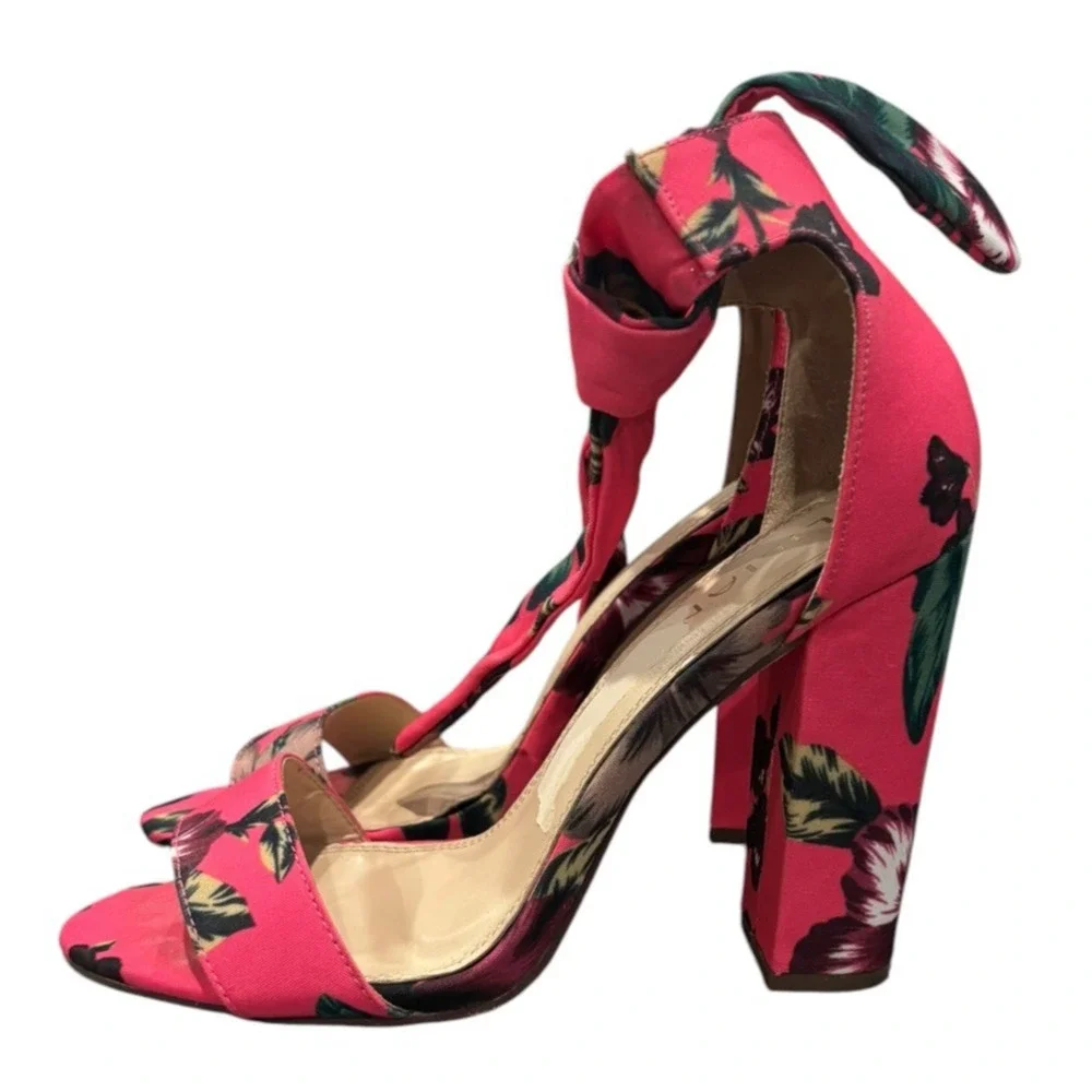Liliana Women’s Size 8 Pink Floral Ankle Tie Block Heel Sandals Open Toe